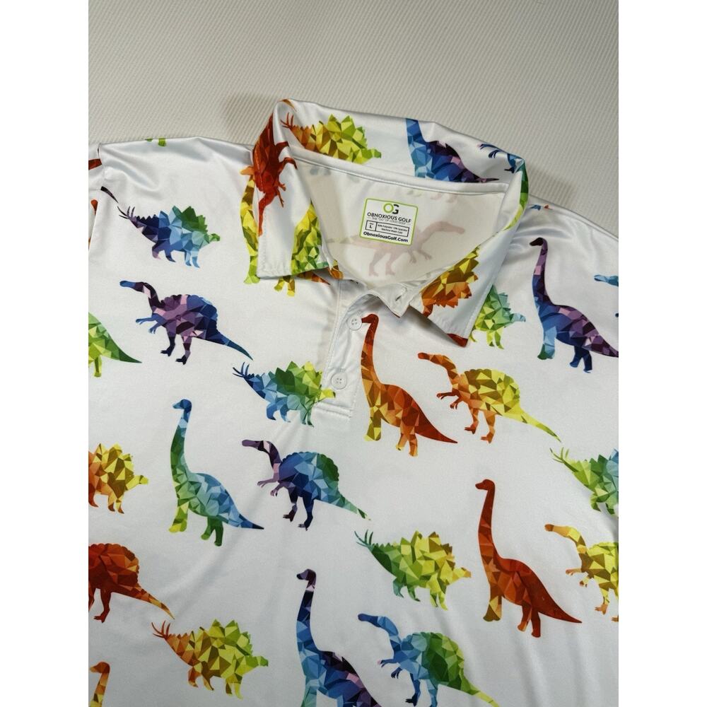 Obnoxious Golf Dinosaur Polo Shirt White Rainbow Performance Large